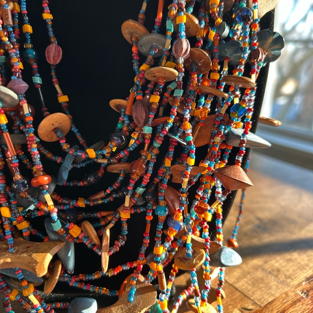 NWOT, Artisan Handmade 20 Strand Bib Necklace Made of Glass and Wood Beads, 24” - Picture 6 of 8